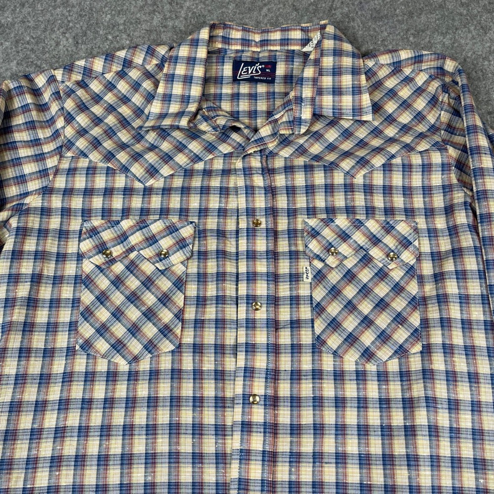 Vintage Levis Western Shirt Mens XL Tapered Fit Plaid Pearl Snap Made in USA